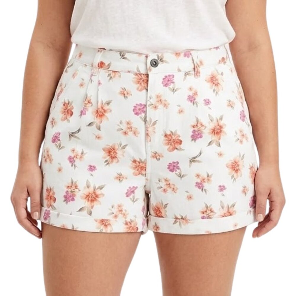American Eagle Cotton Floral High-Rise Mom Shorts Pleated Cuffed White Sz 14